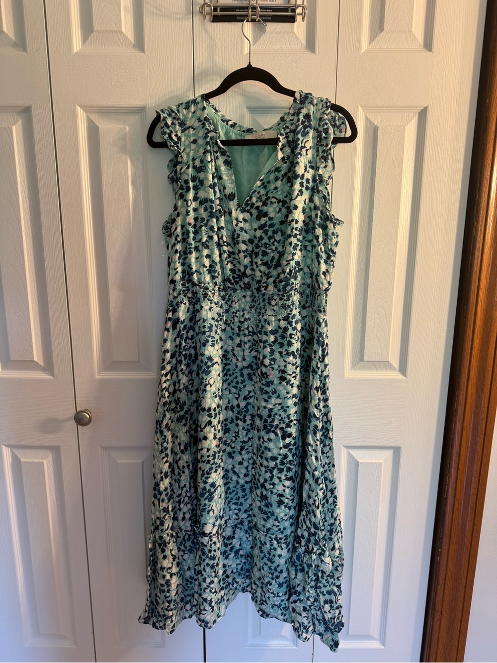 LOFT Teal and Navy Floral Ruffle-Trim Midi Dress